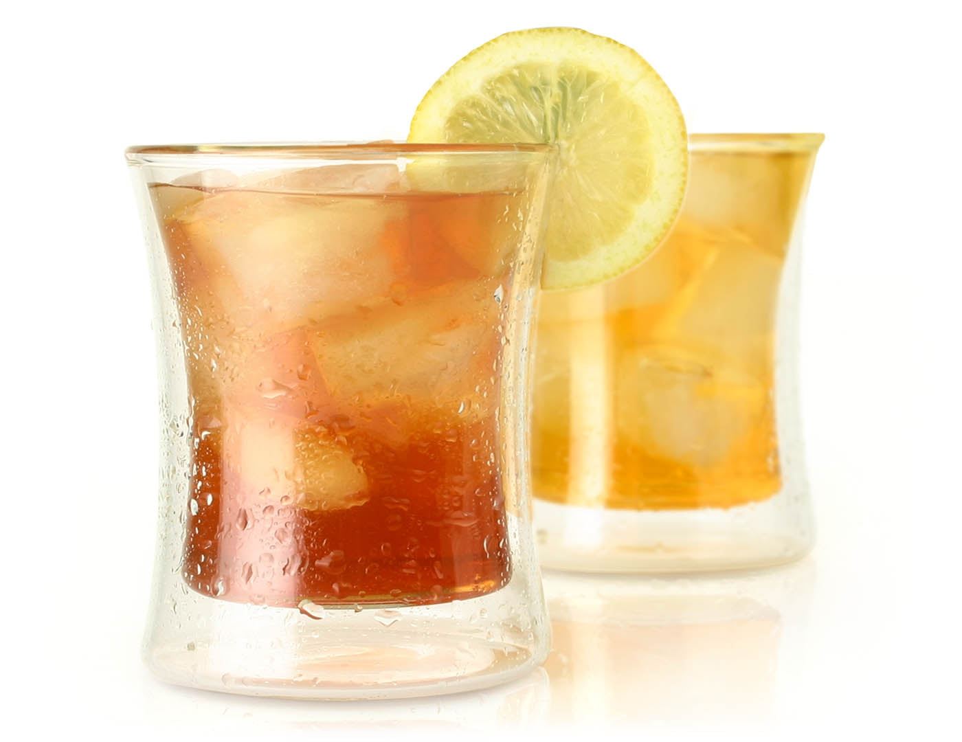 2 Poom glasses with iced tea inside