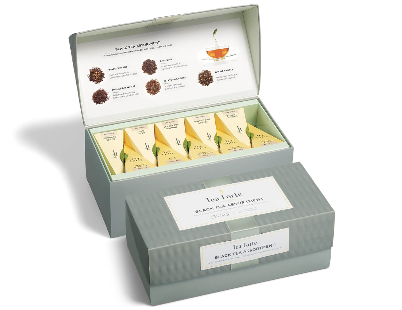 Black Tea Assortment Presentation Boxes, lid closed and open