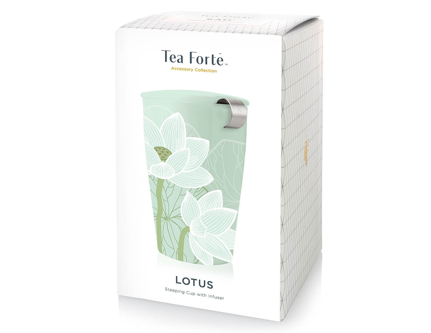 Lotus design KATI® Steeping cup with infuser showing packaging