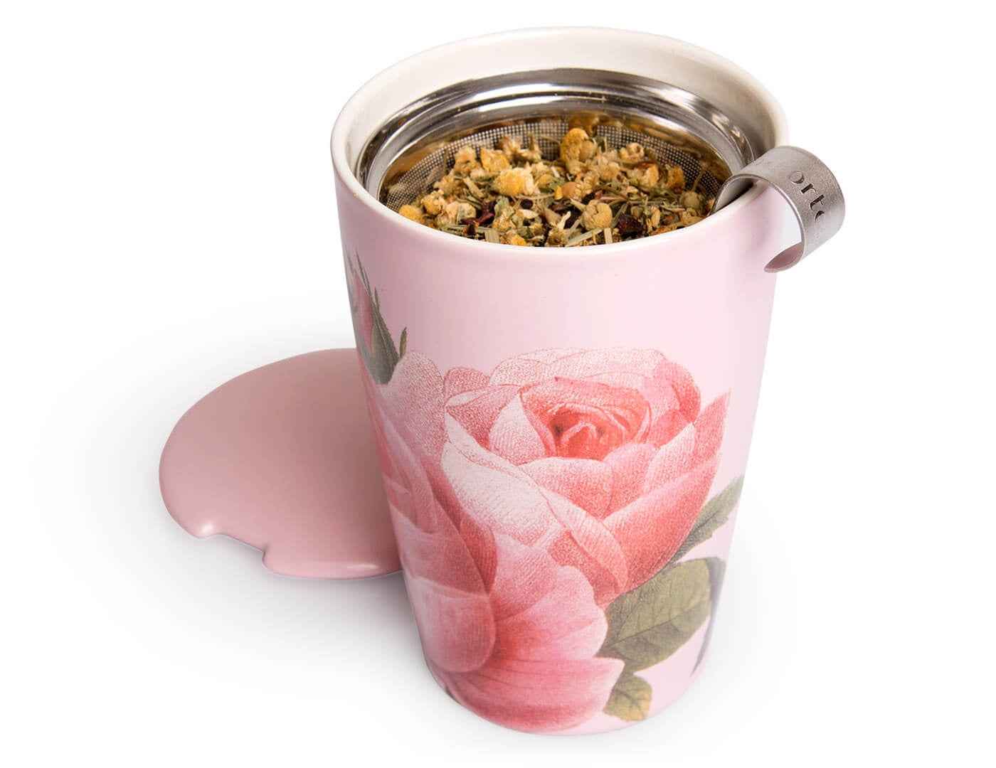 Jardin design KATI® Steeping cup with infuser showing stainless steel infuser with tea leaves