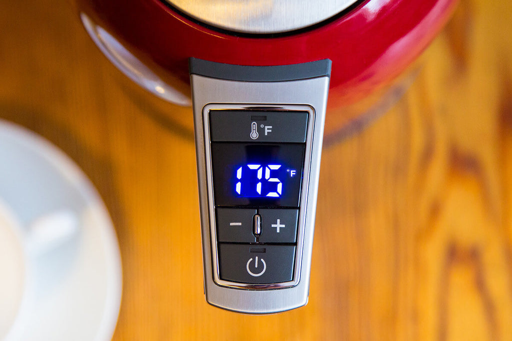 Digital temperature readout on a tea kettle reading 175˚F