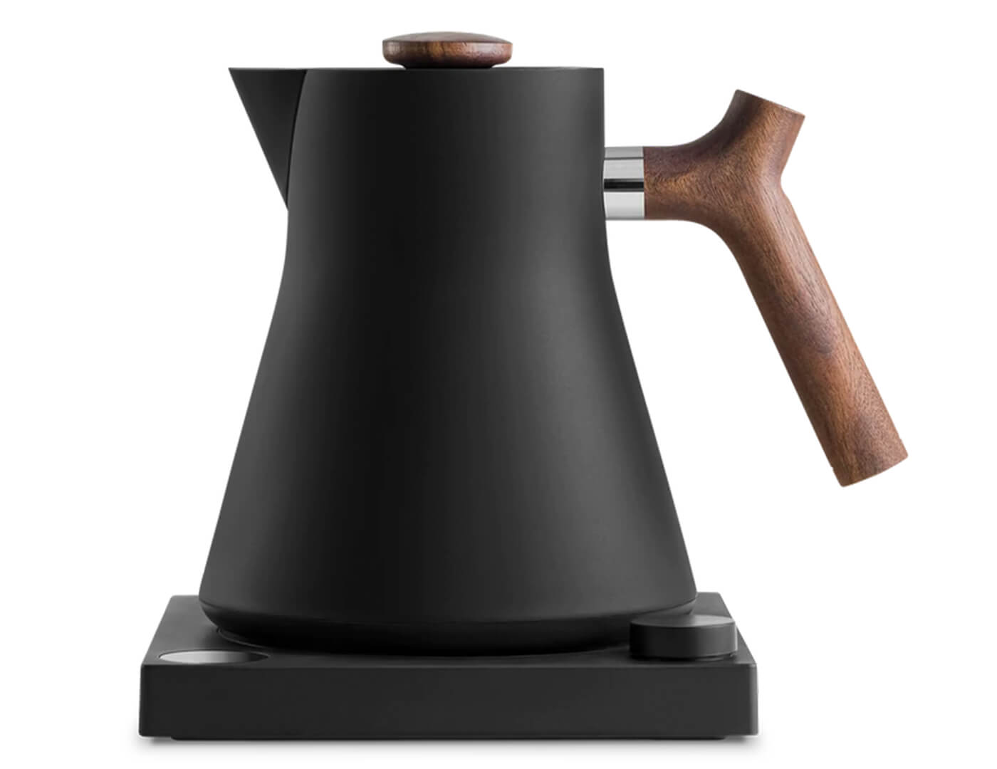 Black Corvo Kettle EKG with Walnut handle side view, resting on base.