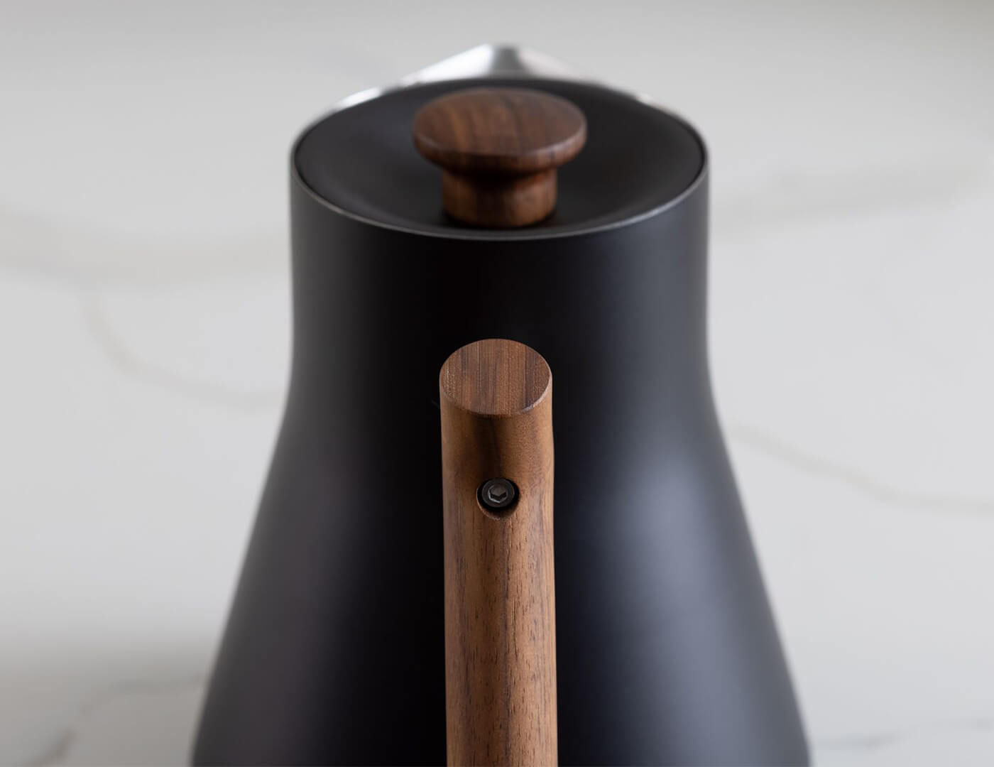 Handle detail of the Black Corvo Kettle EKG with Walnut handle