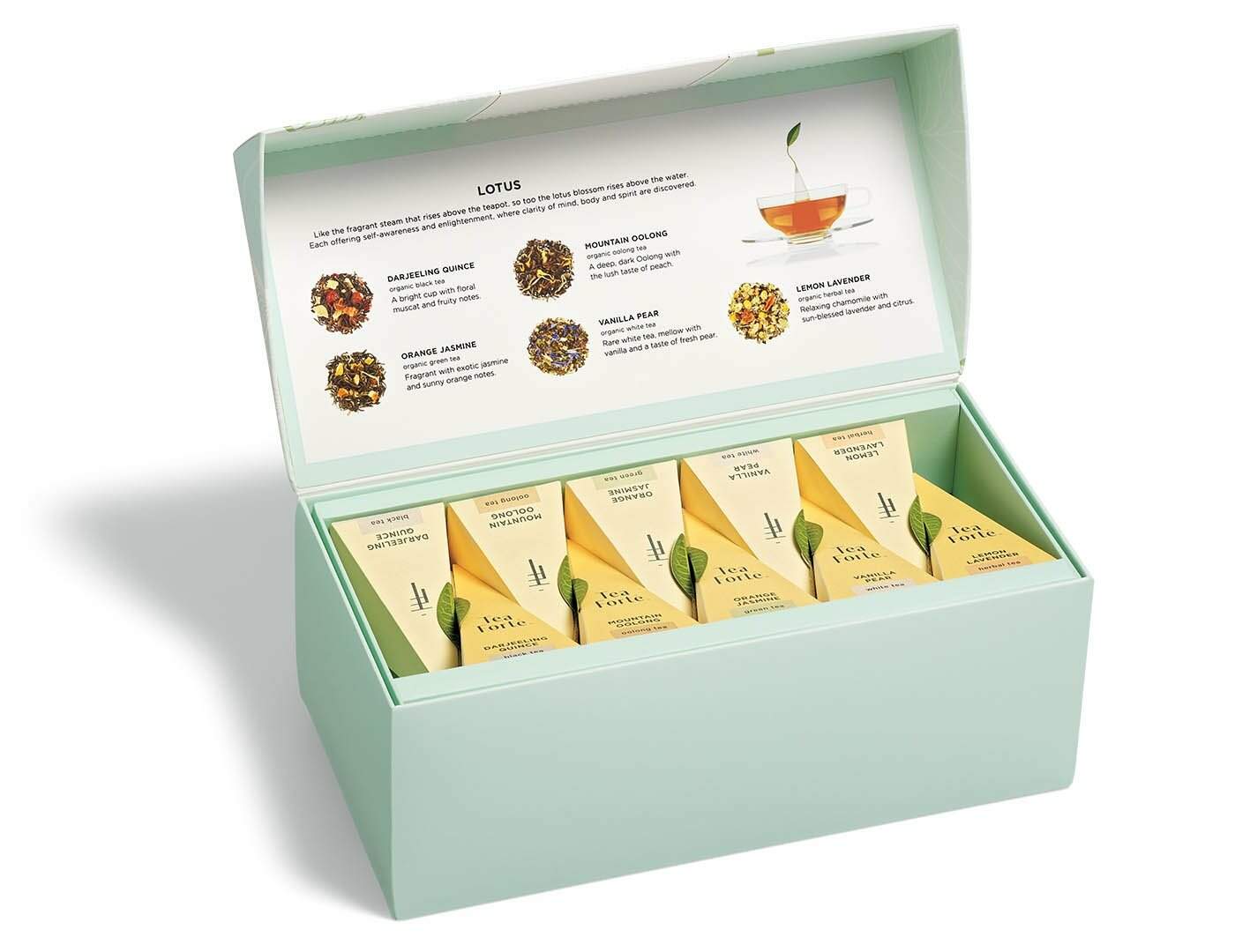 Lotus Presentation Box, open with 20 teas