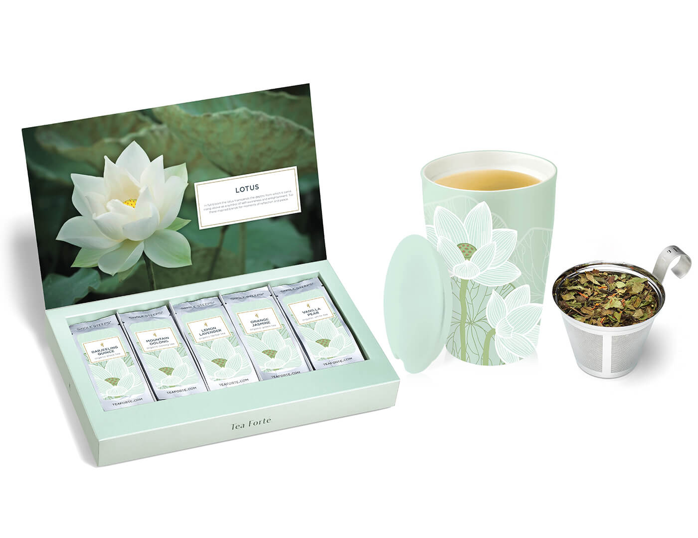 Lotus Single Steeps Sampler open with KATI Cup and infuser basket