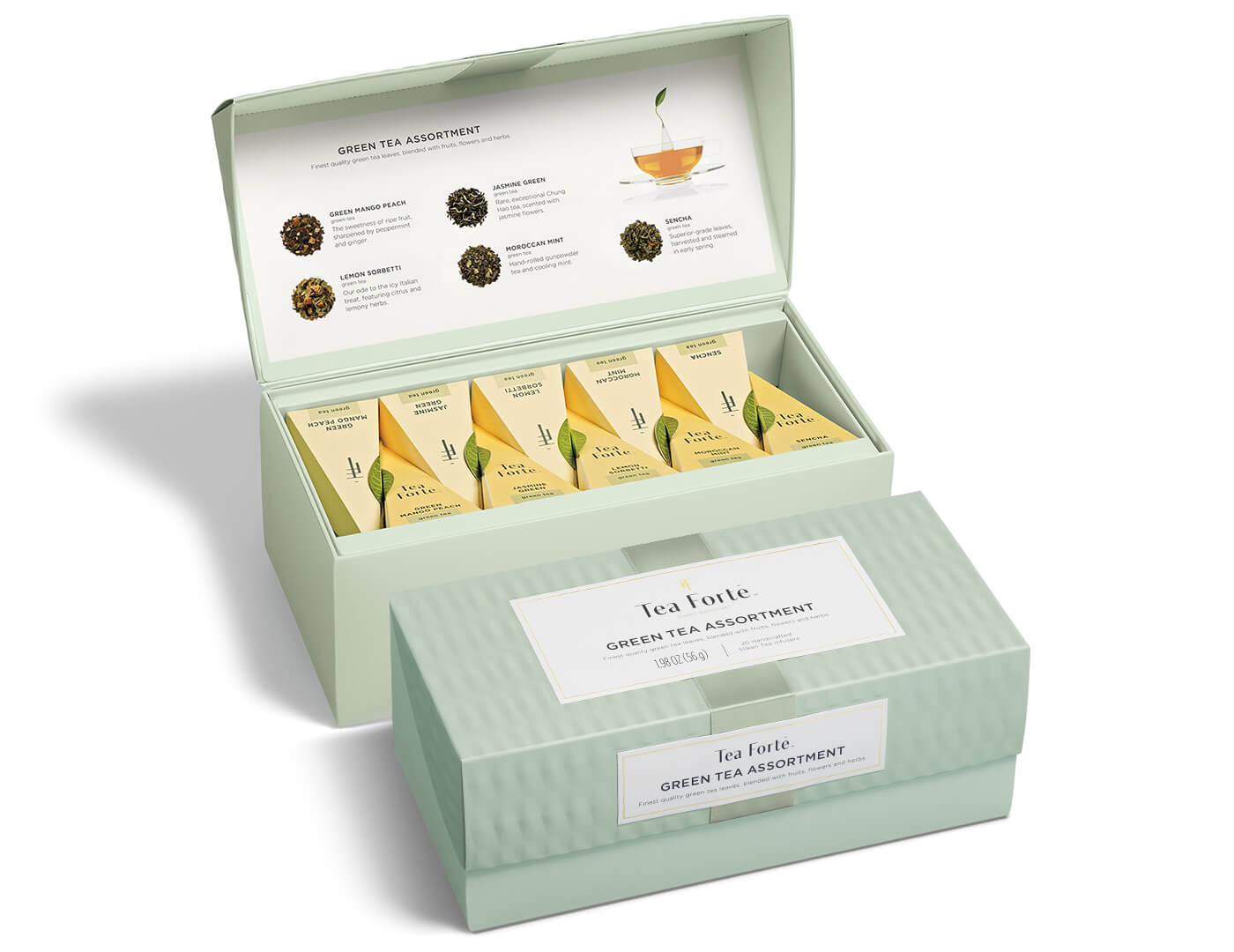 Green Tea Assortment Presentation Box, open and closed