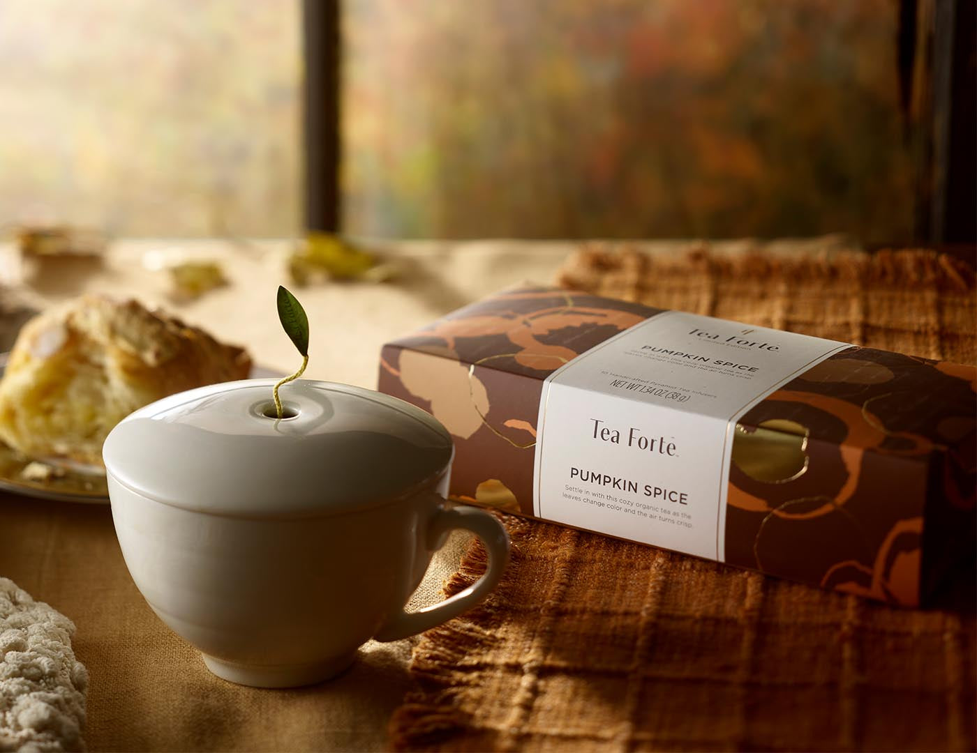 Pumpkin Spice tea in a 10 count petite presentation box on table