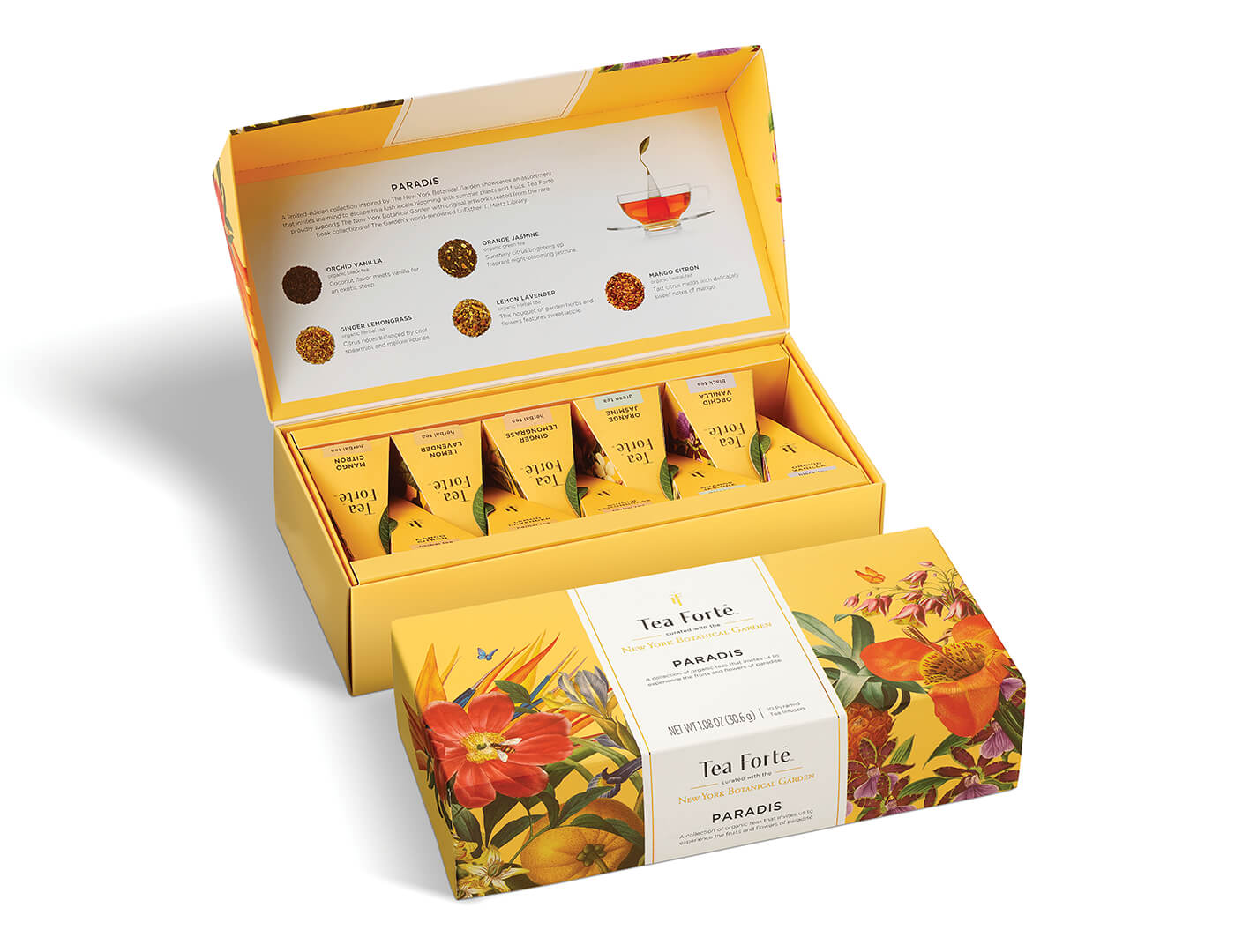 Paradis Petite Presentation Box of 10 pyramid teas, lid open and closed