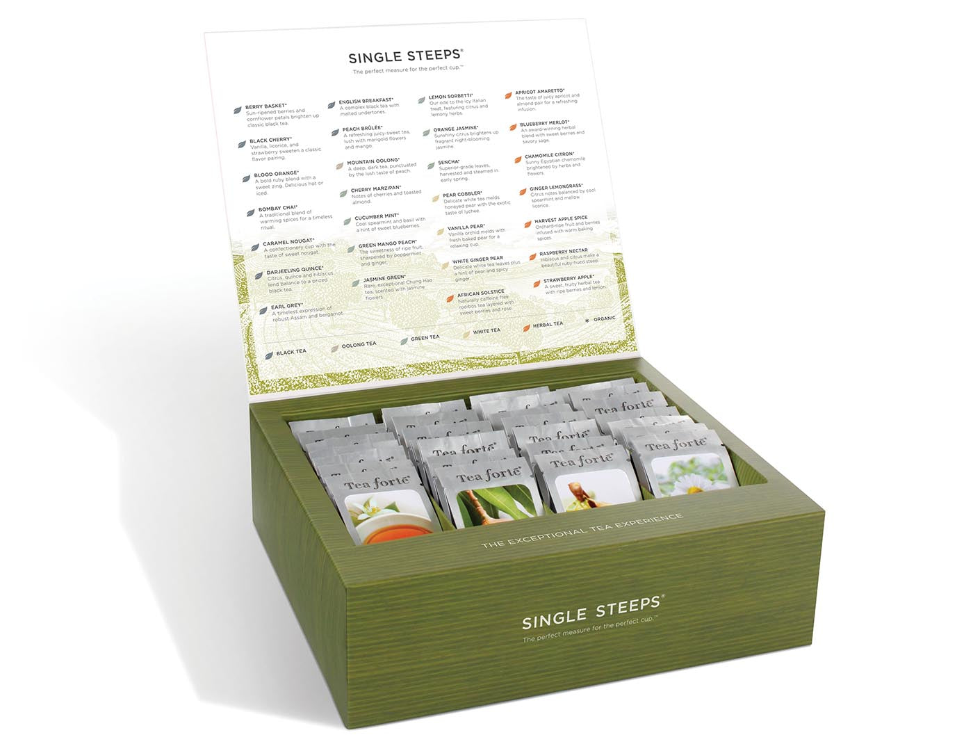 Single Steeps tea assortment in a 28 count chest of Single Steeps pouches with lid open