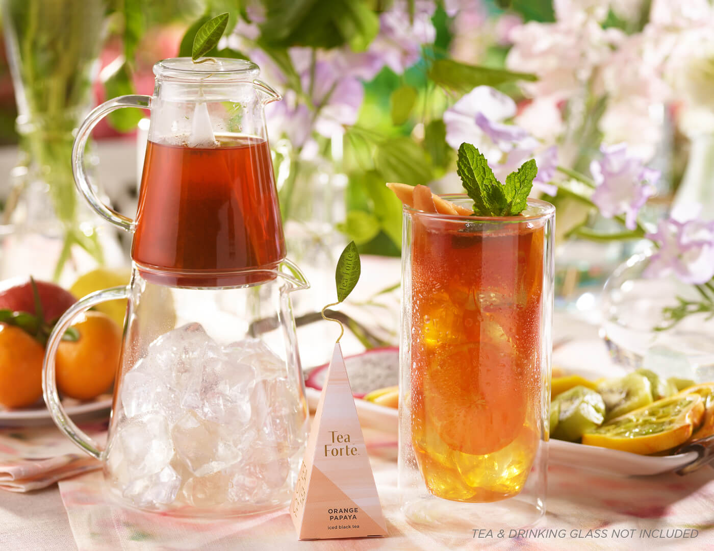 Tea Over Ice Pitcher set with pyramid infuser and glass of iced tea