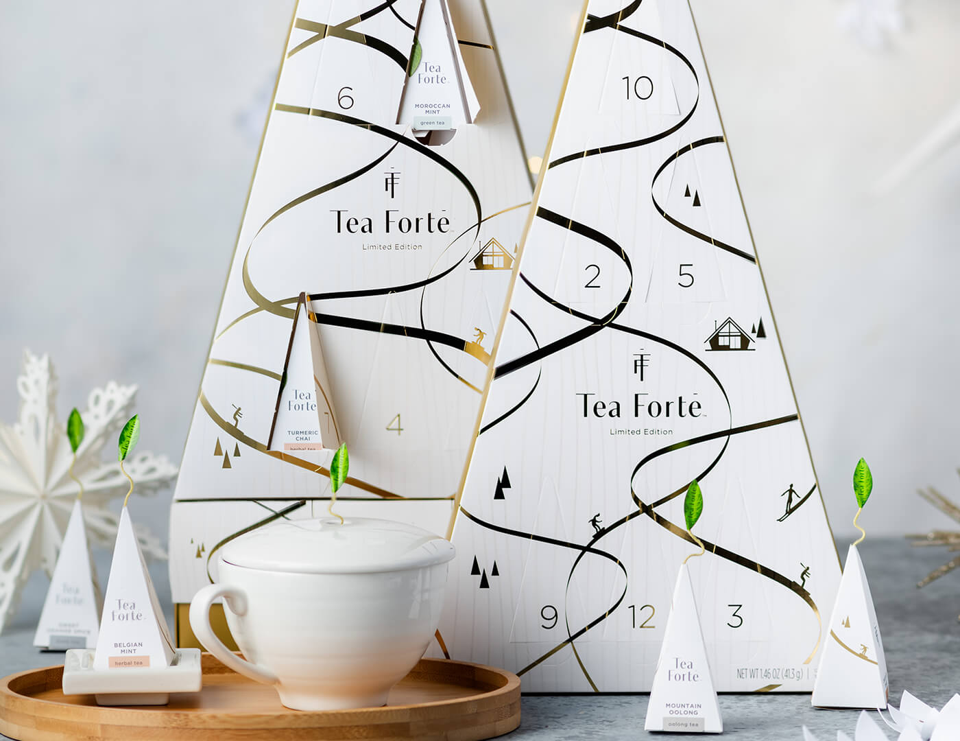 Winter Chalet Advent Calendar Duo of 12 Days of Cozy teas with Cafe Cup and Oval Tray