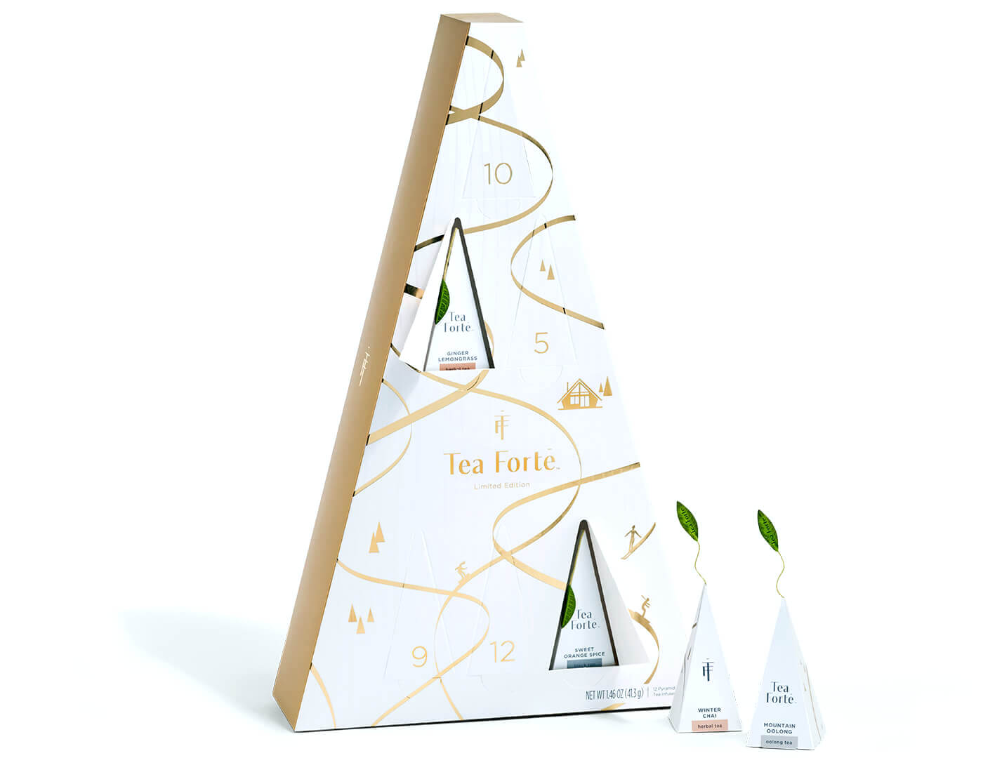 Winter Chalet Advent - 12 Days of Cozy Teas, with 2 doors open and pyramid infusers to the side