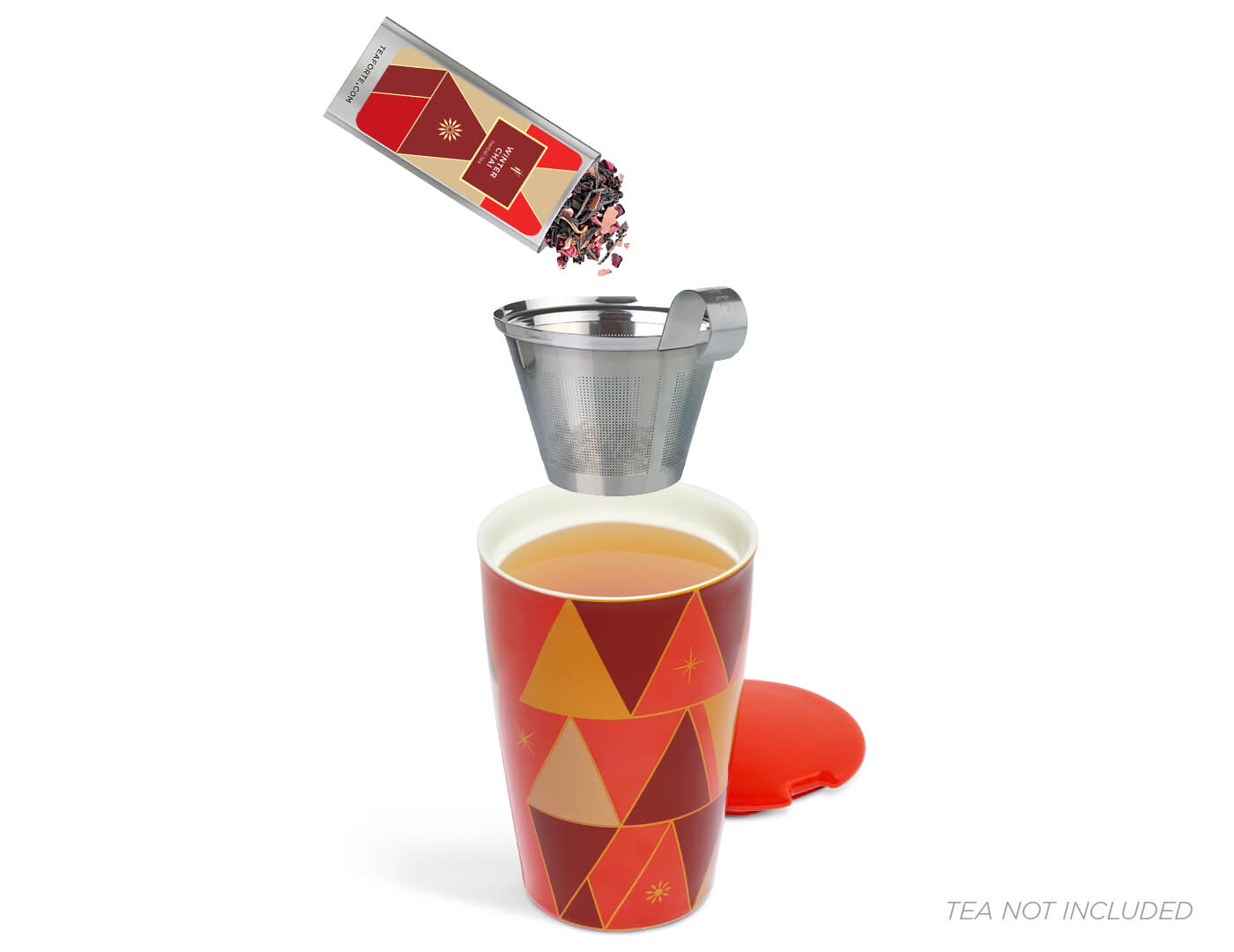 Pouring a single steep pouch into a KATI Steeping Cup with the infuser suspended in the air