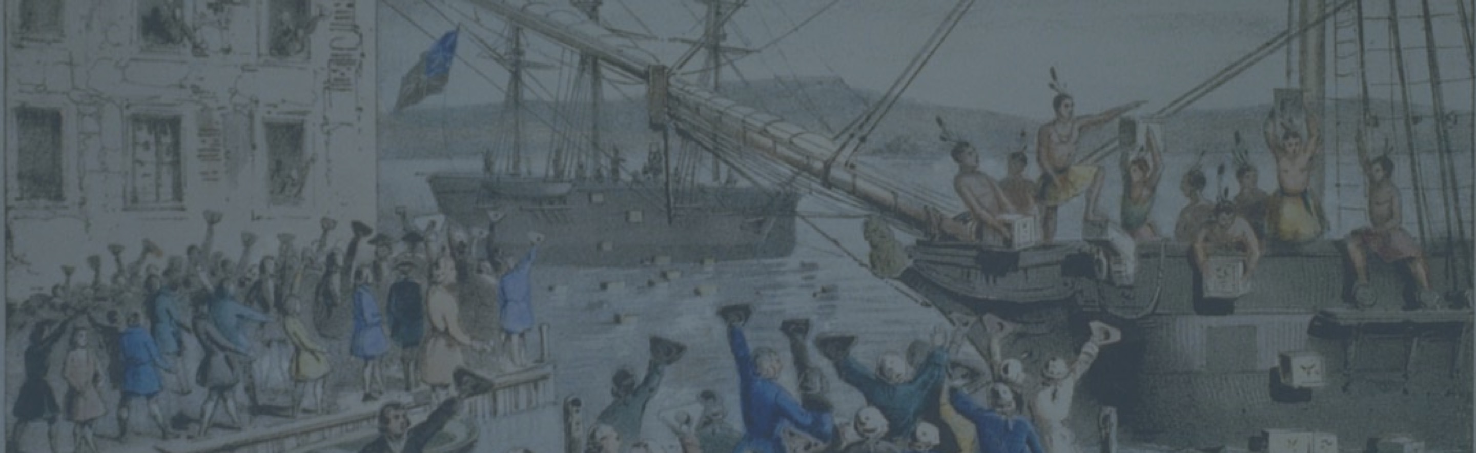 Historical painting of the Boston Tea Party destroying tea in the harbor