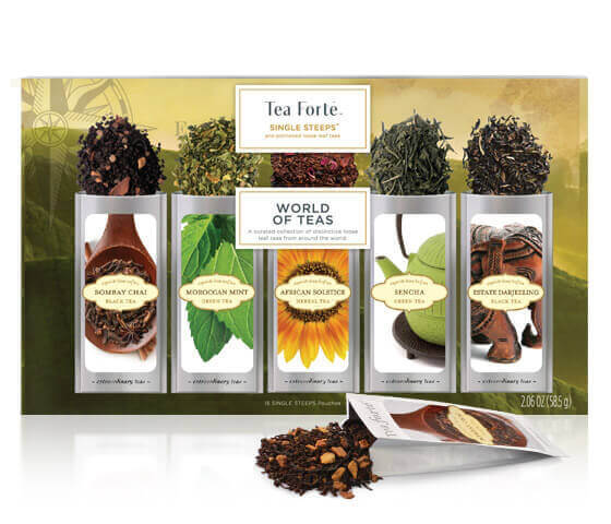 World of Teas Single Steeps Sampler box of 15 loose tea pouches, with pouch open in front and tea spilling out